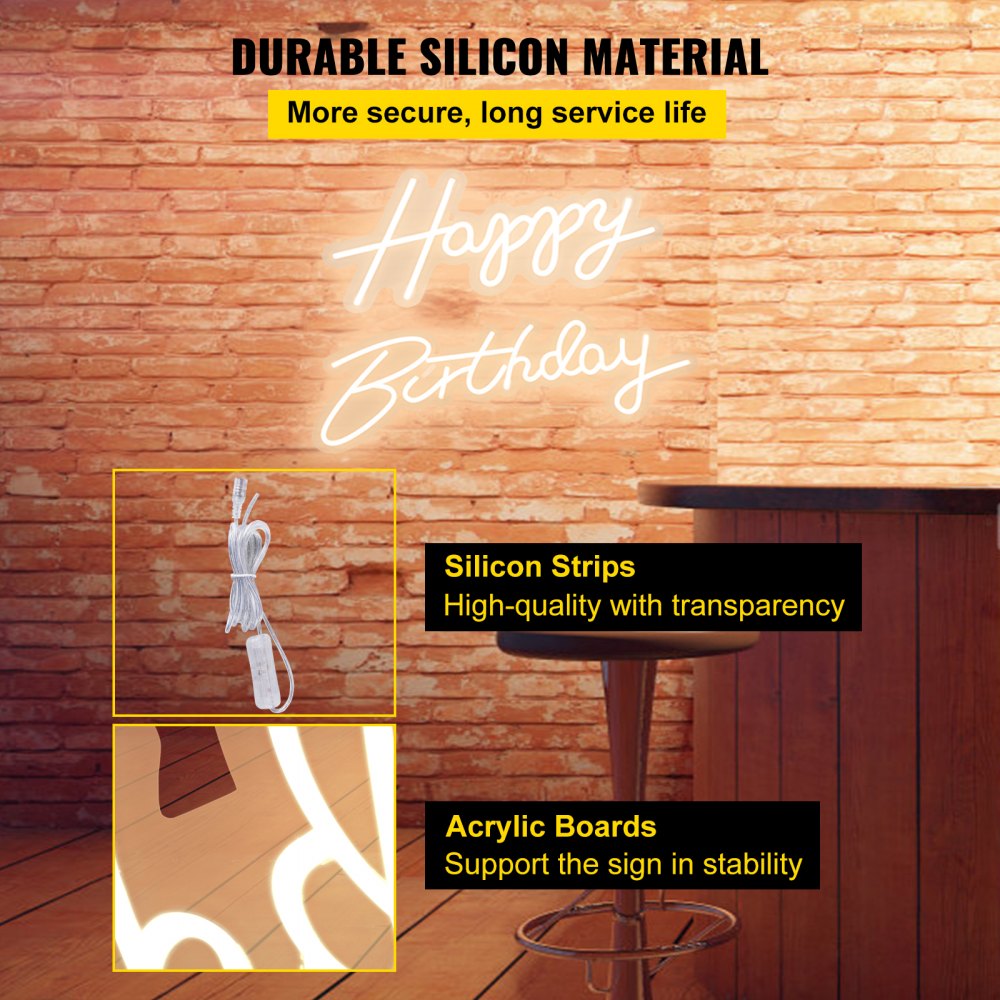 VEVOR Happy Birthday Neon Sign, 18" x 8" & 26" x 7.5" LED Neon Lights Signs, Adjustable Brightness with Dimmer Switch and Power Adapter, Reusable for Party, Club, Celebration and Decoration Warm W