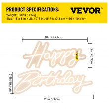 VEVOR Happy Birthday Neon Sign, 18" x 8" & 26" x 7.5" LED Neon Lights Signs, Adjustable Brightness with Dimmer Switch and Power Adapter, Reusable for Party, Club, Celebration and Decoration Warm White