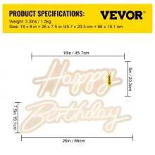 VEVOR Happy Birthday Neon Sign, 18" x 8" & 26" x 7.5" LED Neon Lights Signs, Adjustable Brightness with Dimmer Switch and Power Adapter, Reusable for Party, Club, Celebration and Decoration Warm White