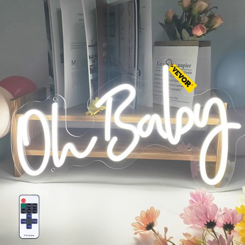VEVOR Oh Baby Neon Sign for Wall Decor, with Remote Control and Dimmable Switch for Baby Shower decorations, Birthday Party, Wedding Decor, 20x10 inches (White)