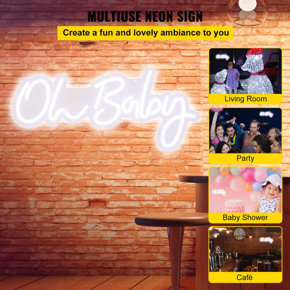 VEVOR Oh Baby Neon Sign for Wall Decor, with Remote Control and Dimmable Switch for Baby Shower decorations, Birthday Party, Wedding Decor, 20x10 inches (White)