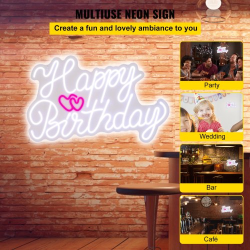 VEVOR Happy Birthday Neon Sign, 28" x 18" LED Neon Lights Signs, Adjustable Brightness with Dimmer Switch and Power Adapter, Reusable for Party, Club, Celebration and Decoration White