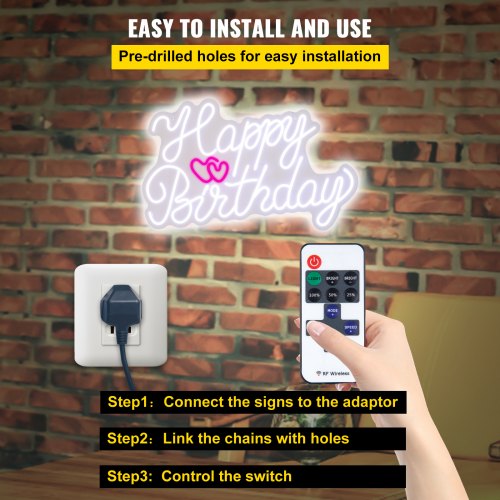 VEVOR Happy Birthday Neon Sign, 28" x 18" LED Neon Lights Signs, Adjustable Brightness with Dimmer Switch and Power Adapter, Reusable for Party, Club, Celebration and Decoration White