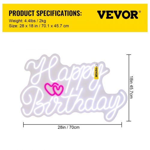 VEVOR Happy Birthday Neon Sign, 28" x 18" LED Neon Lights Signs, Adjustable Brightness with Dimmer Switch and Power Adapter, Reusable for Party, Club, Celebration and Decoration White