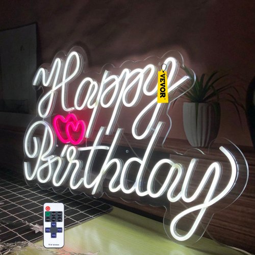 VEVOR Happy Birthday Neon Sign, 28" x 18" LED Neon Lights Signs, Adjustable Brightness with Dimmer Switch and Power Adapter, Reusable for Party, Club, Celebration and Decoration White