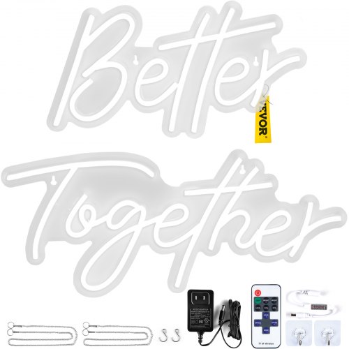 VEVOR Neon Sign, 24" x 10" + 17" x 9" Better Together, Adjustable Brightness White Neon Lights Signs with Dimmer Switch and 12V Power Adapter, Used for Home, Party, Wedding, and Bar Decoration
