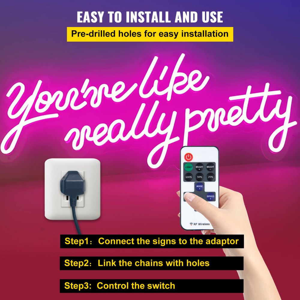 VEVOR You're Like Really Pretty Neon Sign, 23" x 21" Pink LED Neon Signs for Wall Decor, Large Lights Sign with Remote Control and Power Adapter, Used for Party, Wedding, Living Room, Office