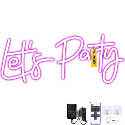 VEVOR Let's Party Neon Sign, 26" x 12" Neon Sign for Wall Decor, Adjustable Brightness Pink Neon Light Sign with Remote Control and Power Adapter, for Party/Wedding Celebration/Home Decoration