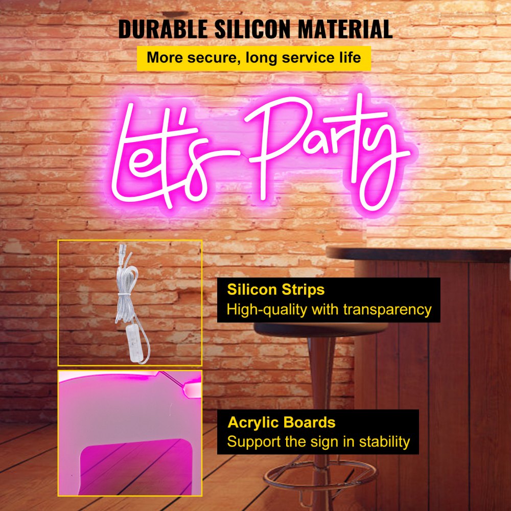 VEVOR Let's Party Neon Sign, 26" x 12" Neon Sign for Wall Decor, Adjustable Brightness Pink Neon Light Sign with Remote Control and Power Adapter, for Party/Wedding Celebration/Home Decoration