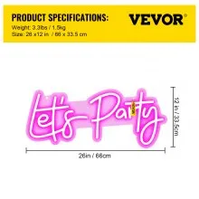 VEVOR Let's Party Neon Sign, 26" x 12" Neon Sign for Wall Decor, Adjustable Brightness Pink Neon Light Sign with Remote Control and Power Adapter, for Party/Wedding Celebration/Home Decoration