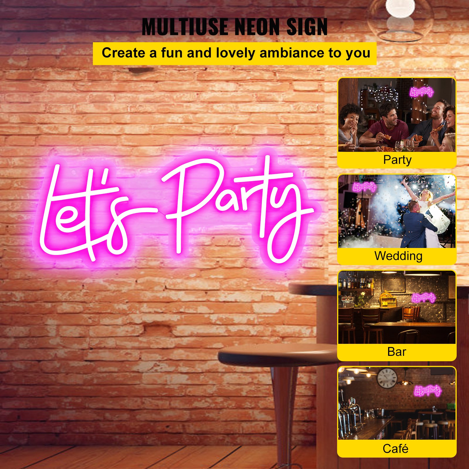 VEVOR Let's Party Neon Sign, 26" x 12" Neon Sign for Wall Decor, Adjustable Brightness Pink Neon Light Sign with Remote Control and Power Adapter, for Party/Wedding Celebration/Home Decoration