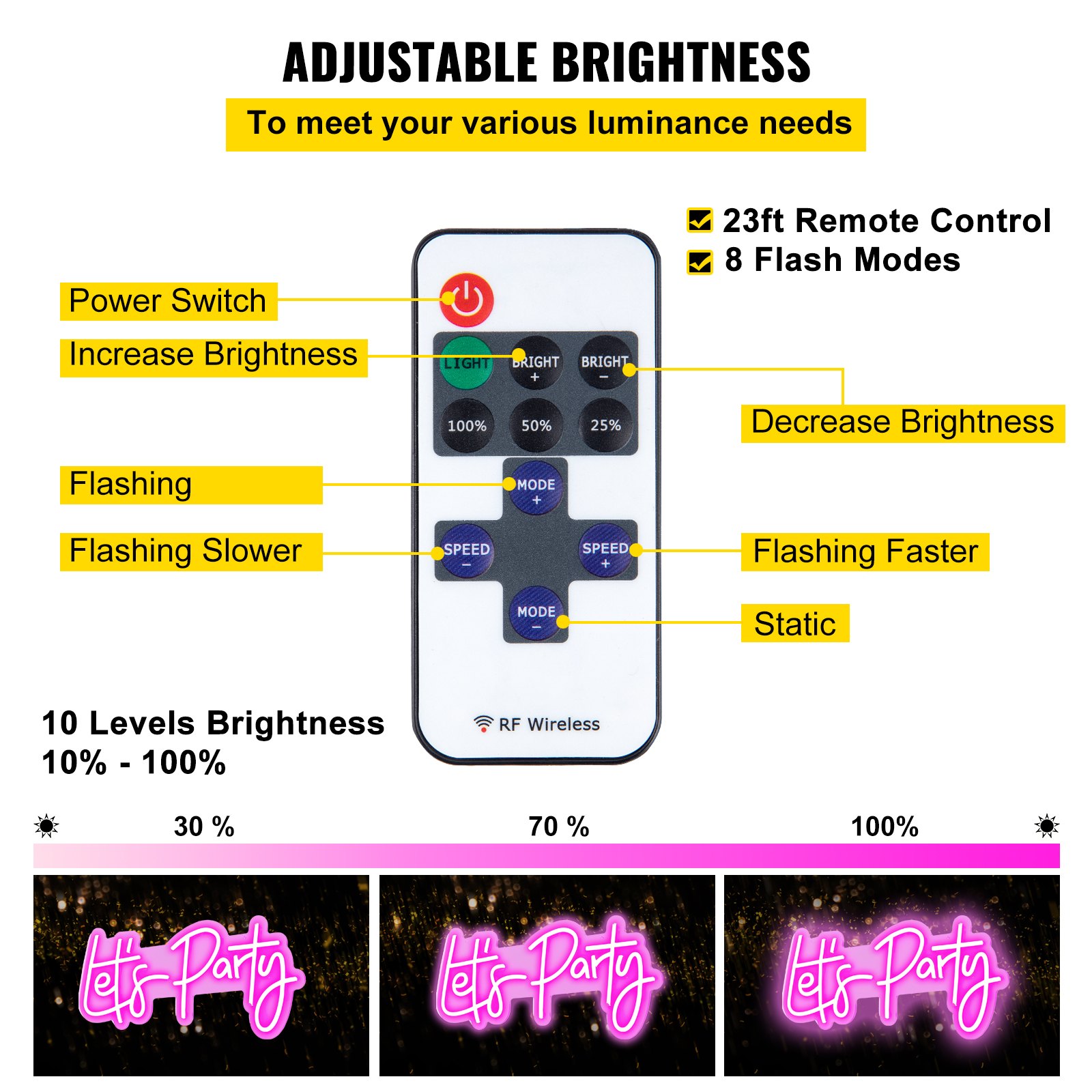 VEVOR Let's Party Neon Sign, 26" x 12" Neon Sign for Wall Decor, Adjustable Brightness Pink Neon Light Sign with Remote Control and Power Adapter, for Party/Wedding Celebration/Home Decoration