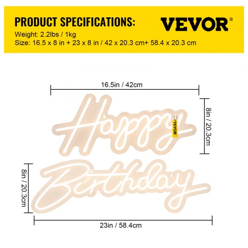 VEVOR Happy Birthday Neon Sign, 16.5" x 8" + 23" x 8" LED Neon Lights Signs, Adjustable Brightness w/ Remote Control and Power Adapter, Reusable for Party, Club, Celebration and Decoration Warm White