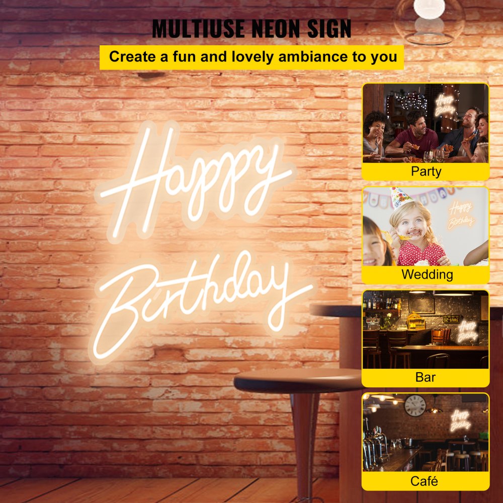 VEVOR Happy Birthday Neon Sign, 16.5" x 8" + 23" x 8" LED Neon Lights Signs, Adjustable Brightness with Remote Control and Power Adapter, Reusable for Party, Club, Celebration and Decoration Warm