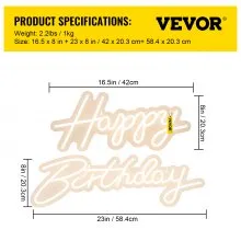 VEVOR Happy Birthday Neon Sign, 16.5" x 8" + 23" x 8" LED Neon Lights Signs, Adjustable Brightness w/ Remote Control and Power Adapter, Reusable for Party, Club, Celebration and Decoration Warm White
