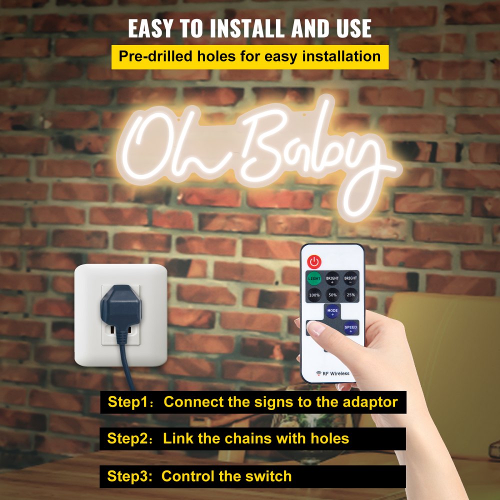 VEVOR Oh Baby Neon Sign for Wall Decor, with Remote Control and Dimmable Switch for Baby Shower decorations, Birthday Party, Wedding Decor, 23.5x12 inches (Warm White)