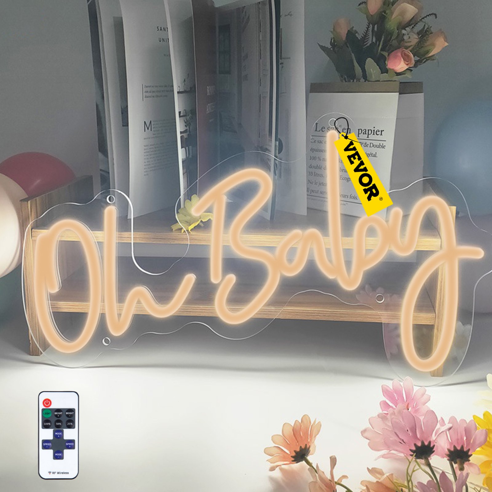 VEVOR Oh Baby Neon Sign for Wall Decor, with Remote Control and Dimmable Switch for Baby Shower decorations, Birthday Party, Wedding Decor, 23.5x12 inches (Warm White)