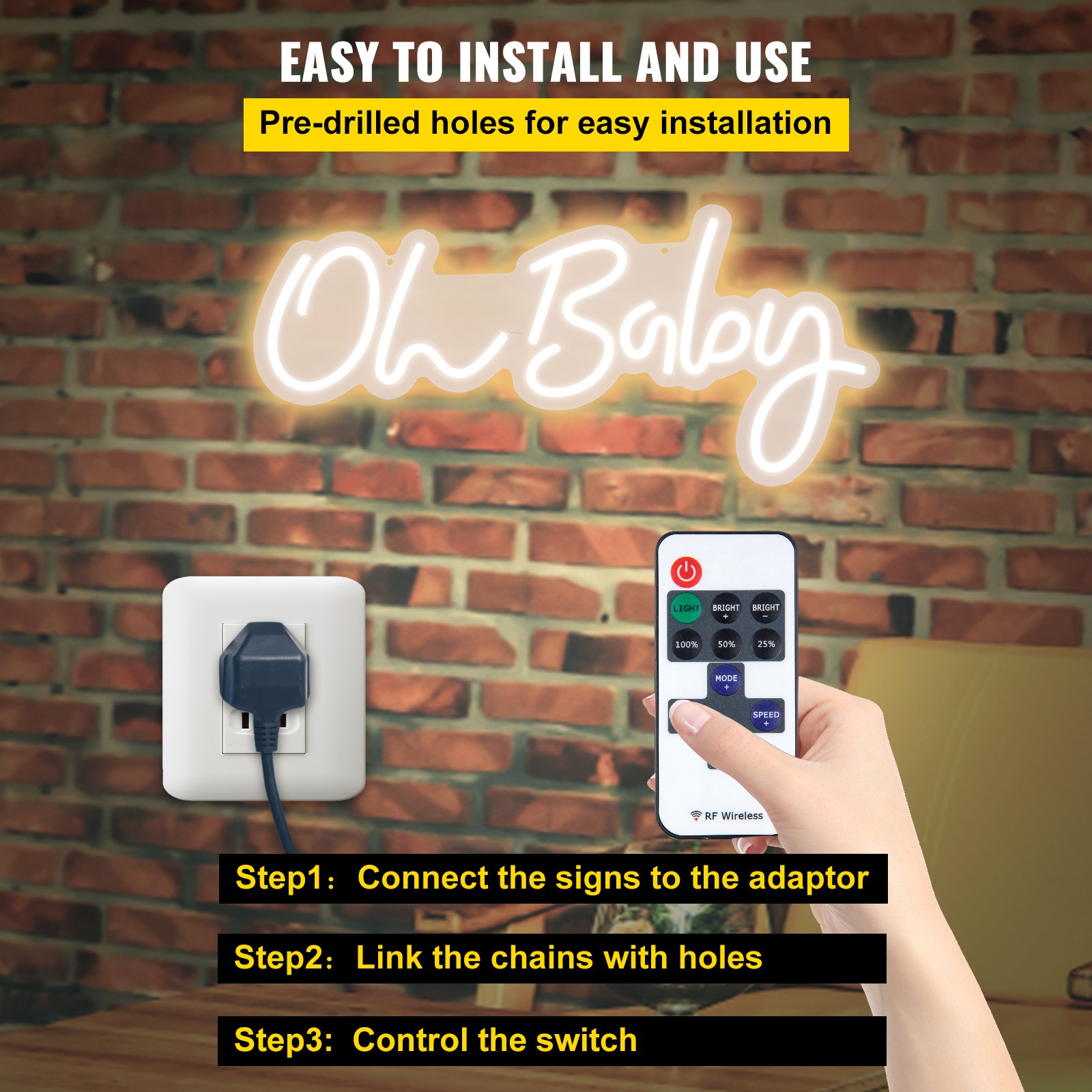 VEVOR Oh Baby Neon Sign for Wall Decor, with Remote Control and Dimmable Switch for Baby Shower decorations, Birthday Party, Wedding Decor, 23.5x12 inches (Warm White)