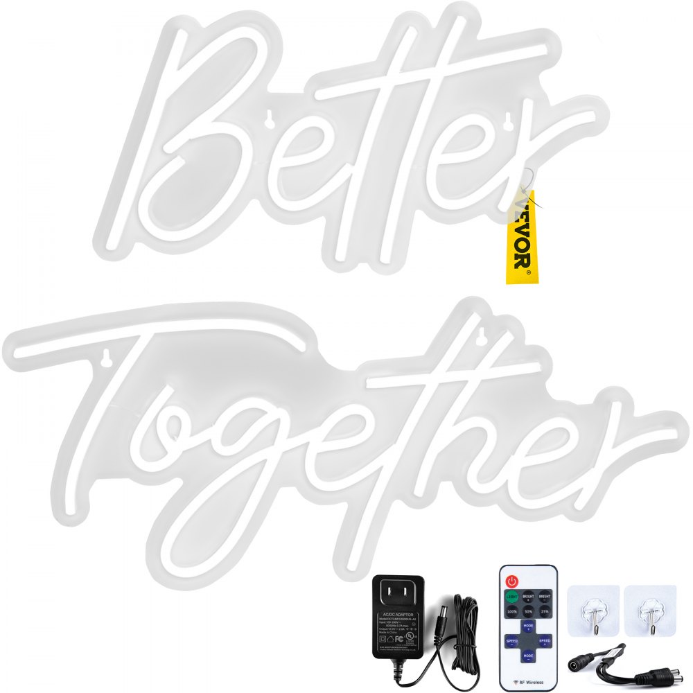 VEVOR Better Together Neon Sign, 24" x 10" + 17" x 9" Warm White LED lights Sign, Adjustable Brightness with Remote Control and 12V Power Adapter, Used for Home, Party, Wedding, and Bar Decoration