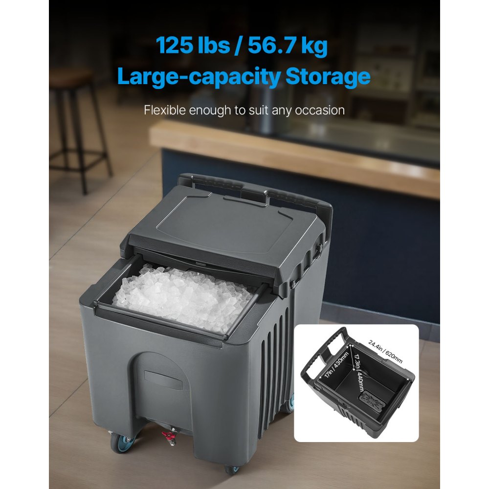 VEVOR Commercial Ice Bin, 125 lbs Portable Ice Caddy, 31.5 x 22.8 x 29 inch Insulated Ice Carrier with 4 Wheels and Flip Lid, Large Ice Bin for Catering, Kitchens, Bistros, Restaurants, and Bars