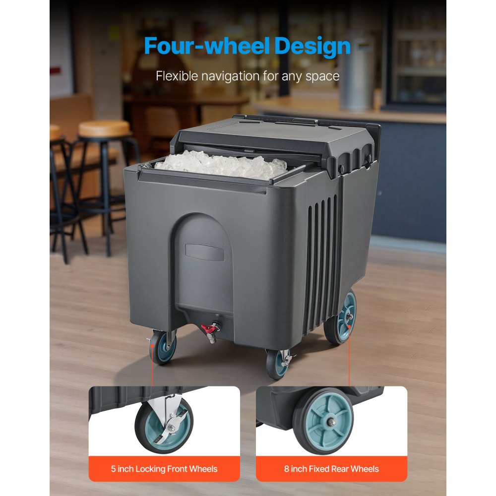 VEVOR Commercial Ice Bin, 125 lbs Portable Ice Caddy, 31.5 x 22.8 x 29 inch Insulated Ice Carrier with 4 Wheels and Flip Lid, Large Ice Bin for Catering, Kitchens, Bistros, Restaurants, and Bars