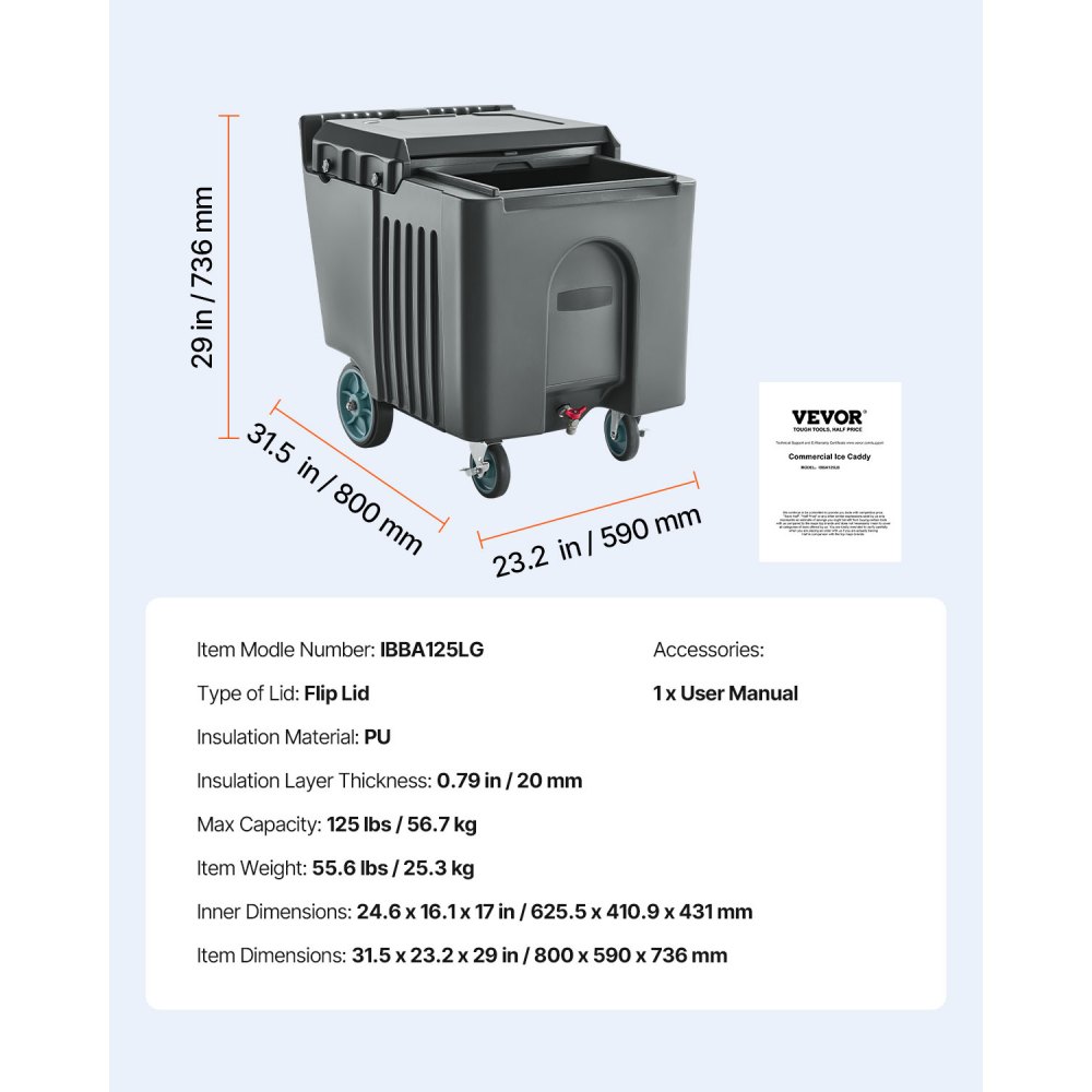 VEVOR Commercial Ice Bin, 125 lbs Portable Ice Caddy, 31.5 x 22.8 x 29 inch Insulated Ice Carrier with 4 Wheels and Flip Lid, Large Ice Bin for Catering, Kitchens, Bistros, Restaurants, and Bars