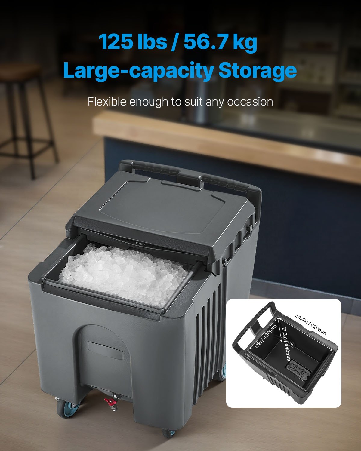 VEVOR Commercial Ice Bin, 125 lbs Portable Ice Caddy, 31.5 x 22.8 x 29 inch Insulated Ice Carrier with 4 Wheels and Flip Lid, Large Ice Bin for Catering, Kitchens, Bistros, Restaurants, and Bars