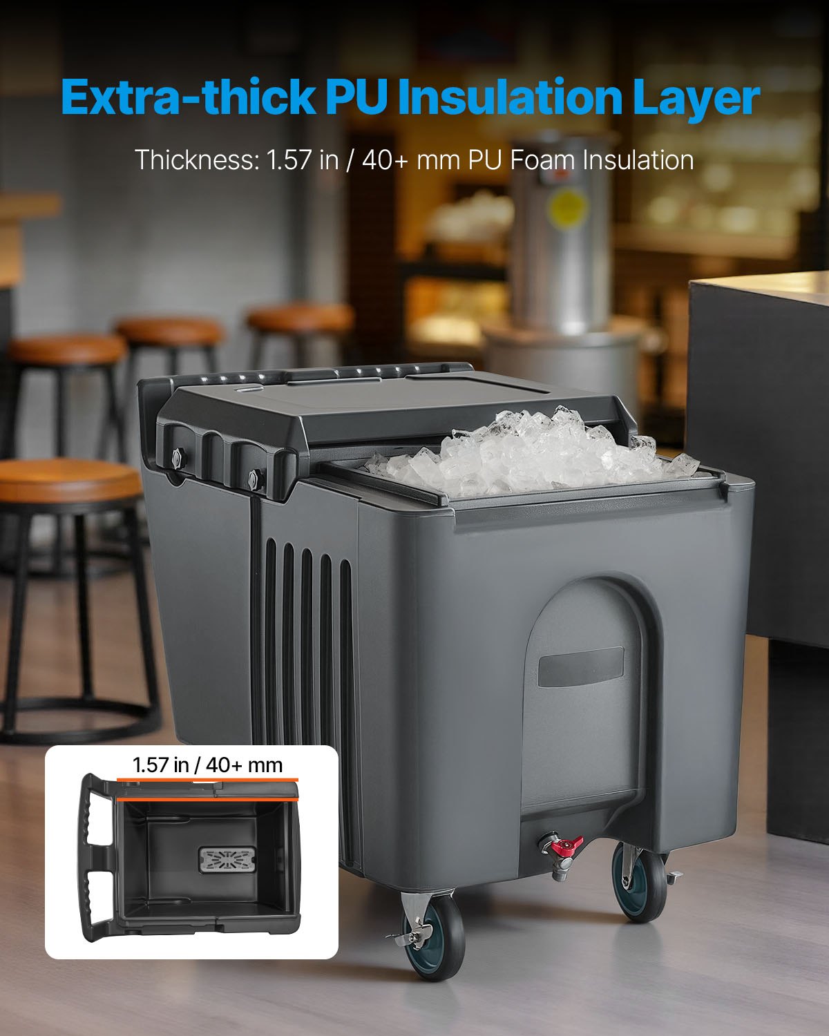 VEVOR Commercial Ice Bin, 125 lbs Portable Ice Caddy, 31.5 x 22.8 x 29 inch Insulated Ice Carrier with 4 Wheels and Flip Lid, Large Ice Bin for Catering, Kitchens, Bistros, Restaurants, and Bars