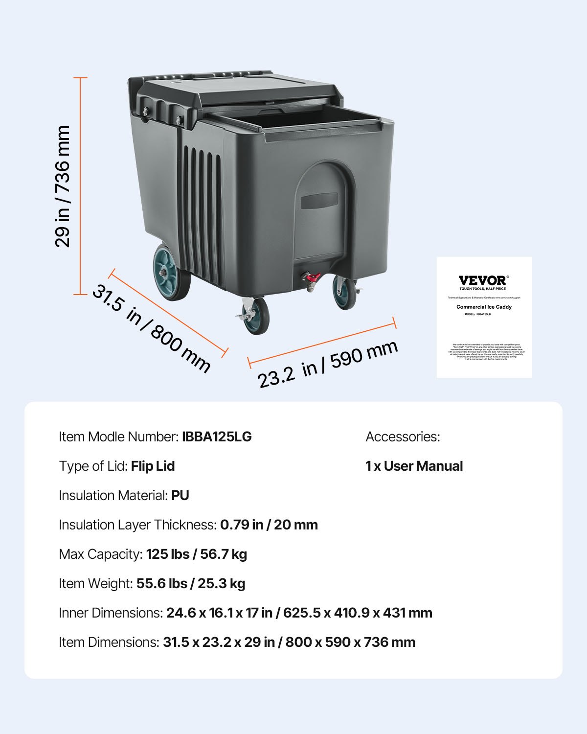 VEVOR Commercial Ice Bin, 125 lbs Portable Ice Caddy, 31.5 x 22.8 x 29 inch Insulated Ice Carrier with 4 Wheels and Flip Lid, Large Ice Bin for Catering, Kitchens, Bistros, Restaurants, and Bars