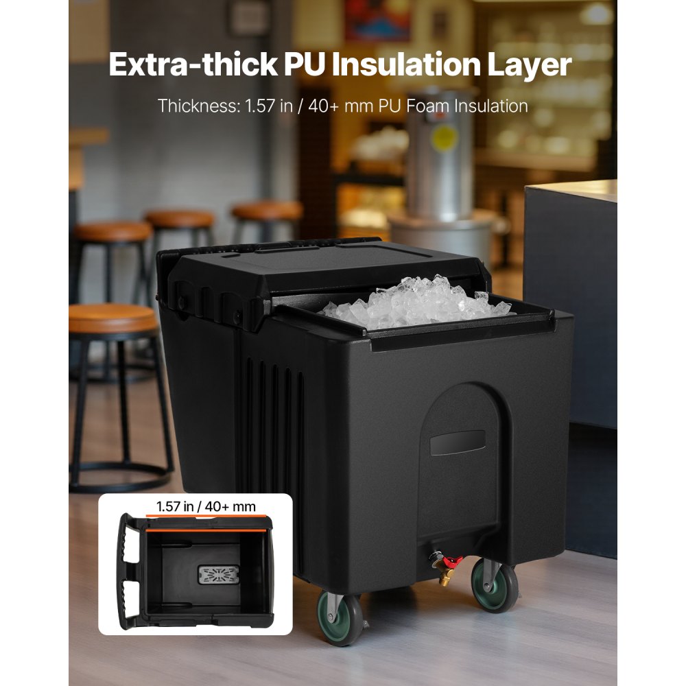 VEVOR Commercial Ice Bin, 125 lbs Portable Ice Caddy, 31.5 x 22.8 x 29 inch Insulated Ice Carrier with 4 Wheels and Sliding Lid, Large Ice Bin for Catering, Kitchens, Bistros, Restaurants, and Bars