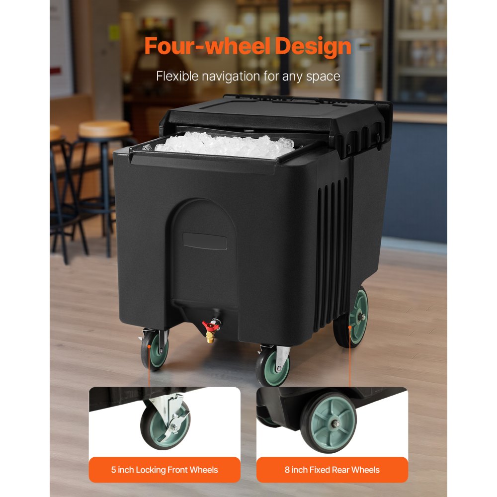 VEVOR Commercial Ice Bin, 125 lbs Portable Ice Caddy, 31.5 x 22.8 x 29 inch Insulated Ice Carrier with 4 Wheels and Sliding Lid, Large Ice Bin for Catering, Kitchens, Bistros, Restaurants, and Bars