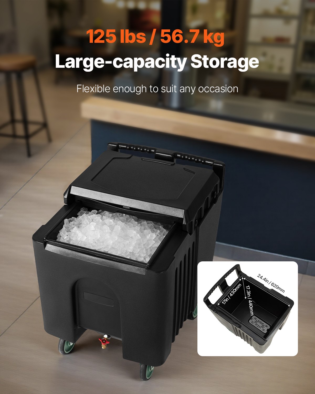 VEVOR Commercial Ice Bin, 125 lbs Portable Ice Caddy, 31.5 x 22.8 x 29 inch Insulated Ice Carrier with 4 Wheels and Sliding Lid, Large Ice Bin for Catering, Kitchens, Bistros, Restaurants, and Bars