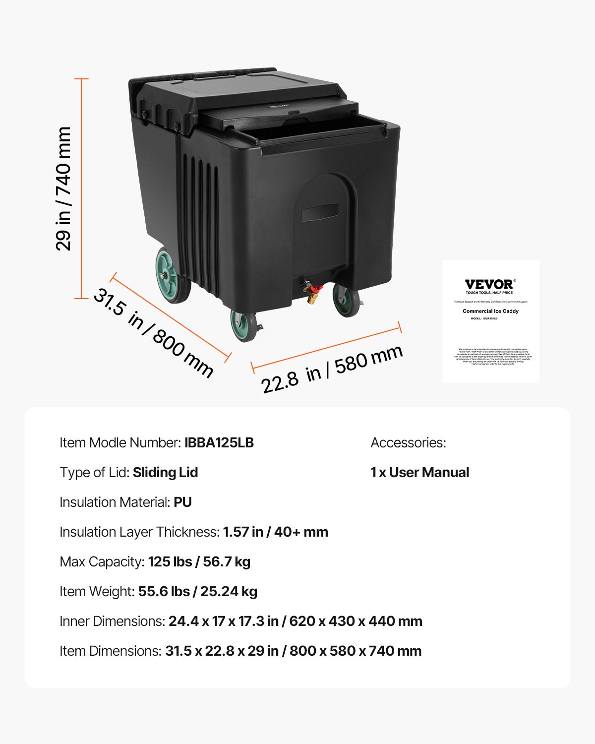 VEVOR Commercial Ice Bin, 125 lbs Portable Ice Caddy, 31.5 x 22.8 x 29 inch Insulated Ice Carrier with 4 Wheels and Sliding Lid, Large Ice Bin for Catering, Kitchens, Bistros, Restaurants, and Bars