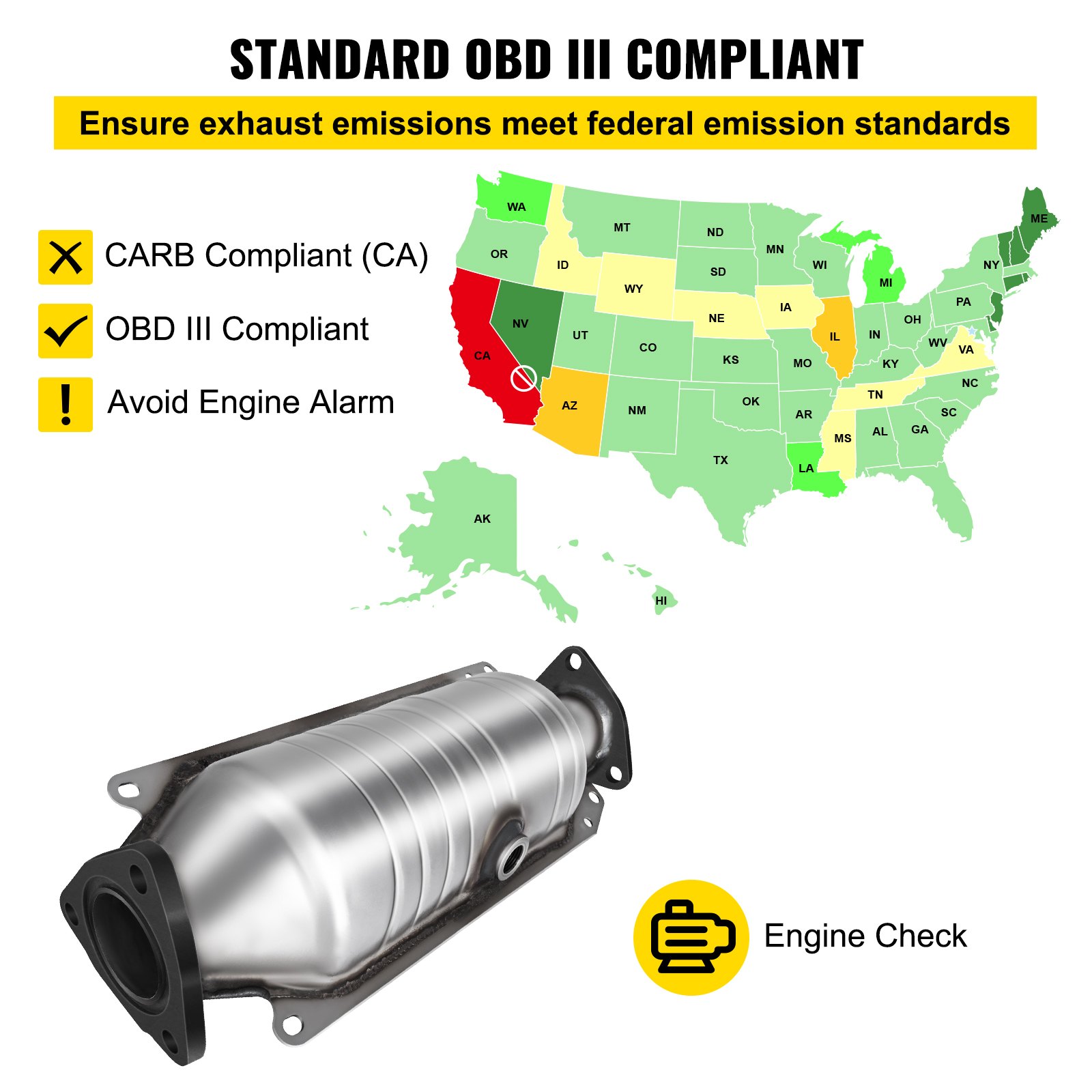 VEVOR Catalytic Converter Compatible with 1998-2002 Honda Accord 2.3L, Direct-Fit High Flow Series Cat Converter, Stainless Steel Exhaust Converter Pipe with Flange Design & Gasket (OBD III Compliant)