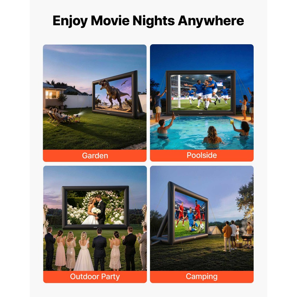 VEVOR Inflatable Movie Screen, 24 ft Outdoor Inflatable Projection Screen with Portable Storage Bag, Front/Rear Projection, Easy Set Up, Blow Up Screen for Outdoor Backyard Movie Night, Theme Parties