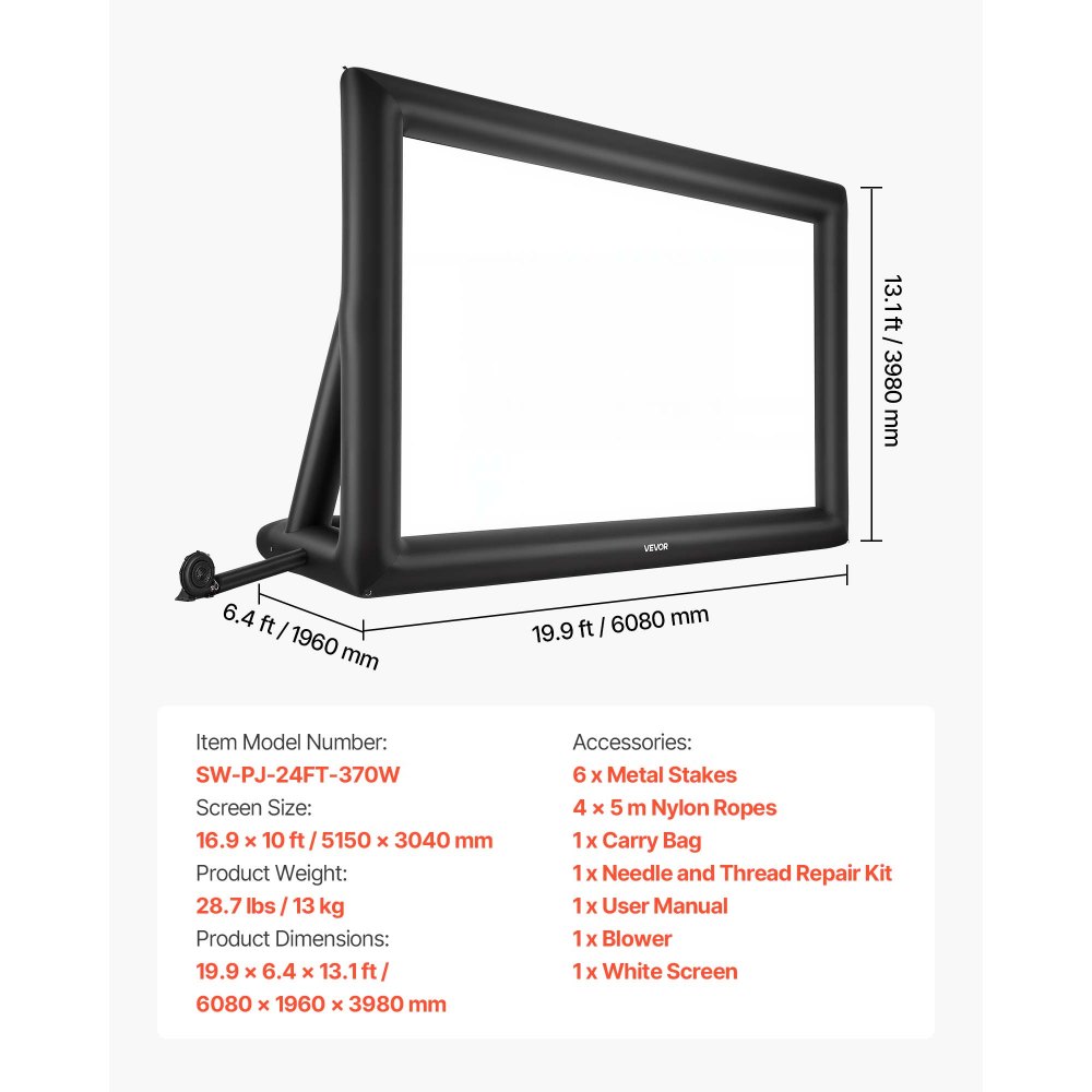 VEVOR Inflatable Movie Screen, 24 ft Outdoor Inflatable Projection Screen with Portable Storage Bag, Front/Rear Projection, Easy Set Up, Blow Up Screen for Outdoor Backyard Movie Night, Theme Parties