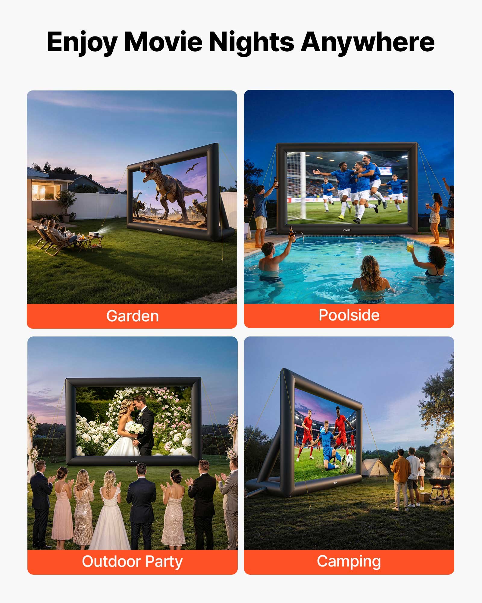 VEVOR Inflatable Movie Screen, 24 ft Outdoor Inflatable Projection Screen with Portable Storage Bag, Front/Rear Projection, Easy Set Up, Blow Up Screen for Outdoor Backyard Movie Night, Theme Parties