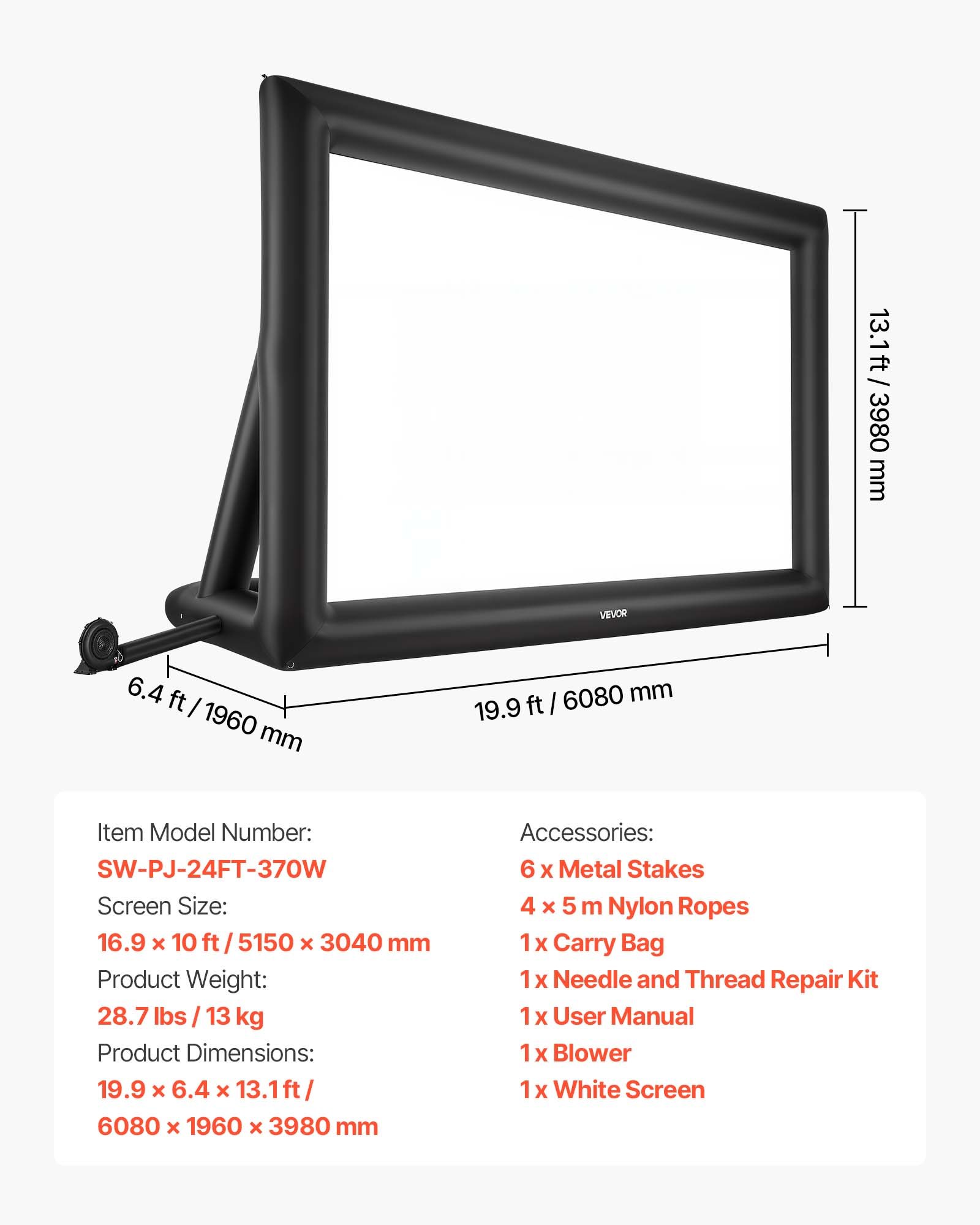 VEVOR Inflatable Movie Screen, 24 ft Outdoor Inflatable Projection Screen with Portable Storage Bag, Front/Rear Projection, Easy Set Up, Blow Up Screen for Outdoor Backyard Movie Night, Theme Parties