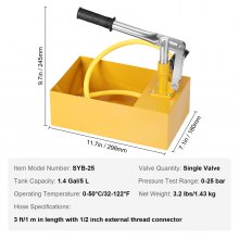 Hydrostatické testovacie čerpadlo VEVOR, max. 25 bar/362 PSI, súprava hydraulického ručného testera tlaku vody s jedným ventilom a nádržou na vodu s objemom 1,4 gal, 3 stopová hadica s 1/2-palcovým externým závitovým konektorom pre potrubie