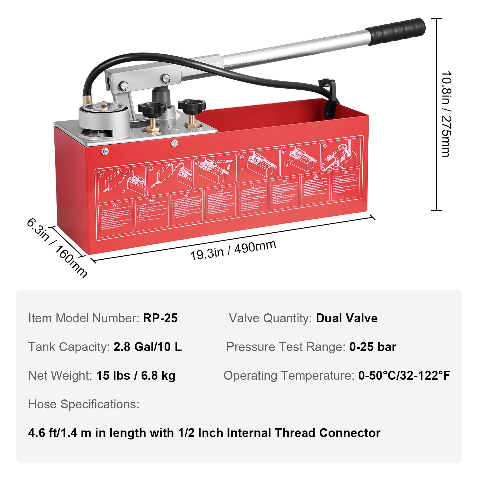 VEVOR Hydrostatic Test Pump, Max 25 bar/362 PSI, Dual Valve Hydraulic Manual Water Pressure Tester Kit with Gauge 10L Water Tank, 1.4 m Hose with 1.27 cm External Thread Connector for Pipeline