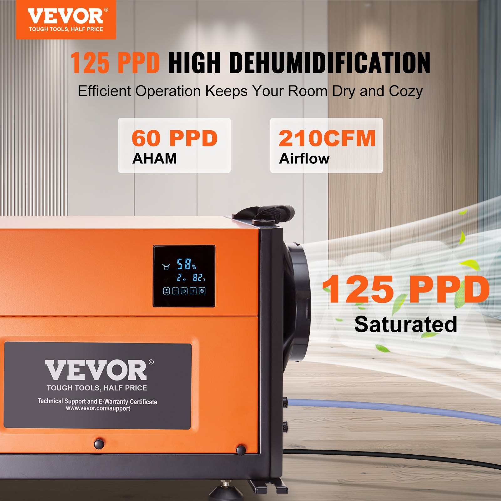 VEVOR 125 Pints Commercial Dehumidifier with Drain Hose for Crawl Spaces, Basements Warehouse & Job Sites, Large Capacity Dehumidifier for Water Damage Restoration, Auto Defrost, CSA Listed