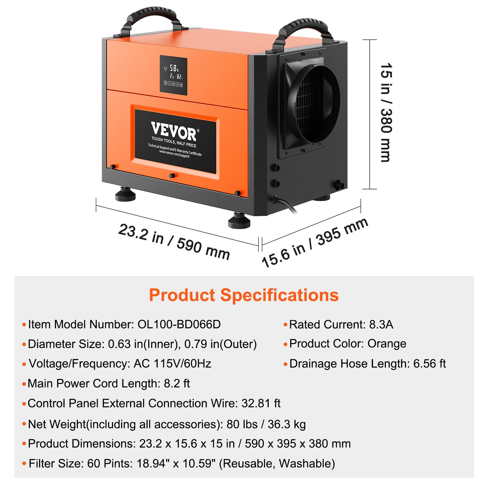 VEVOR 156 Pints Commercial Dehumidifier with Drain Hose for Crawl Spaces, Basements Warehouse & Job Sites, Large Capacity Dehumidifier for Water Damage Restoration, Auto Defrost, CSA Listed