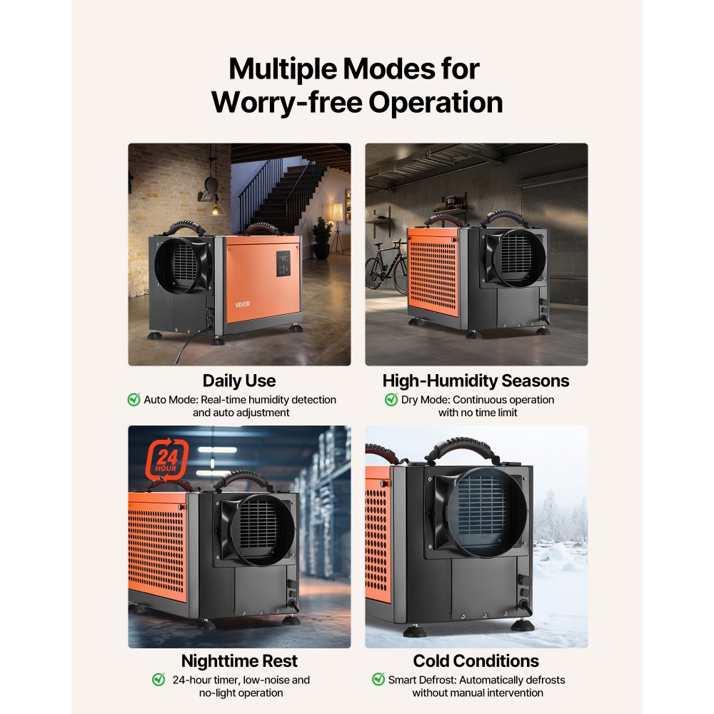 VEVOR 70 Pints Commercial Dehumidifier with Drain Hose, Portable Crawl Space Dehumidifiers for Basement Storage Room Industrial, Auto Defrost/Drainage, Heavy-duty Galvanized Steel, LED Indicate