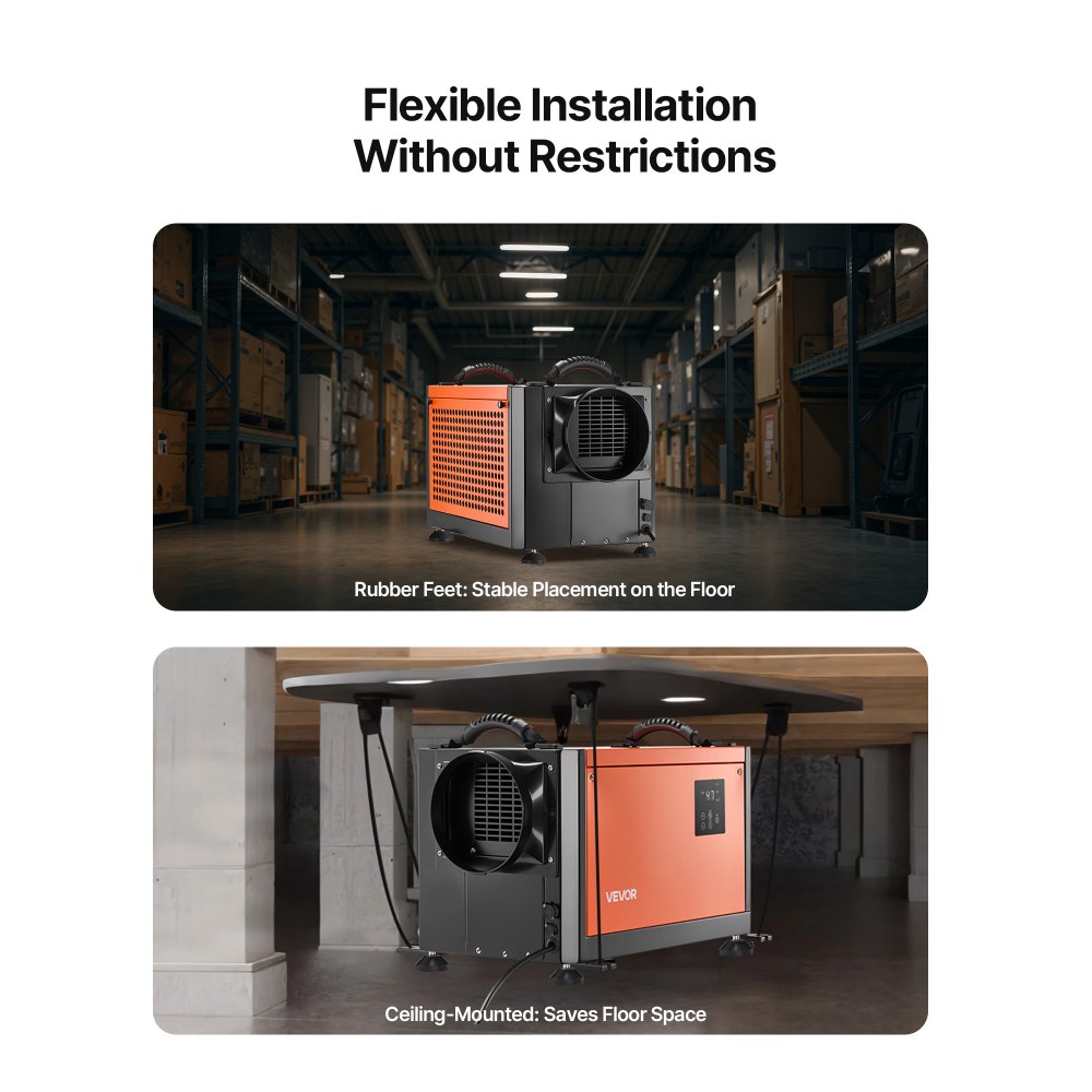 VEVOR 70 Pints Commercial Dehumidifier with Drain Hose, Portable Crawl Space Dehumidifiers for Basement Storage Room Industrial, Auto Defrost/Drainage, Heavy-duty Galvanized Steel, LED Indicate