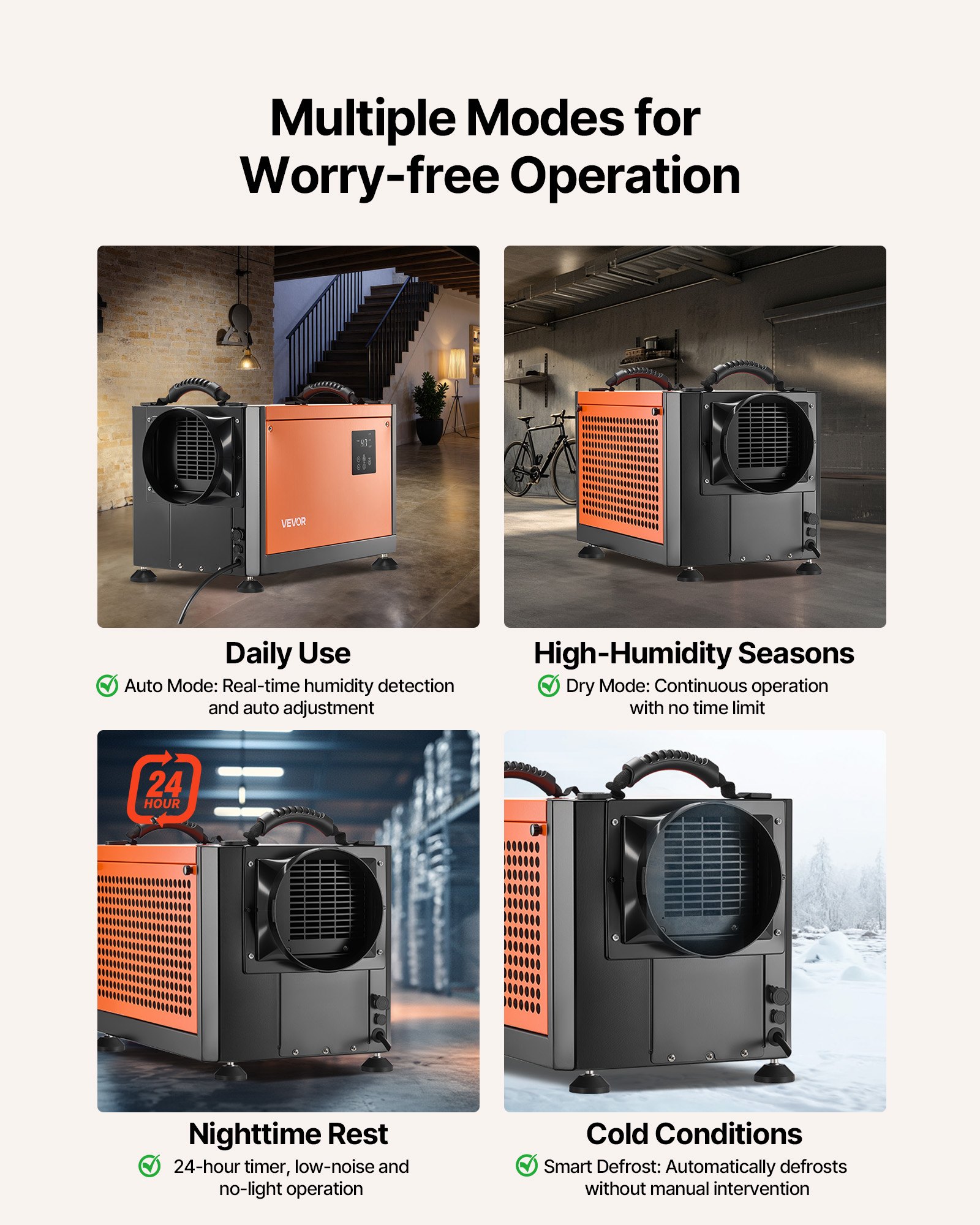 VEVOR 70 Pints Commercial Dehumidifier with Drain Hose, Portable Crawl Space Dehumidifiers for Basement Storage Room Industrial, Auto Defrost/Drainage, Heavy-duty Galvanized Steel, LED Indicate