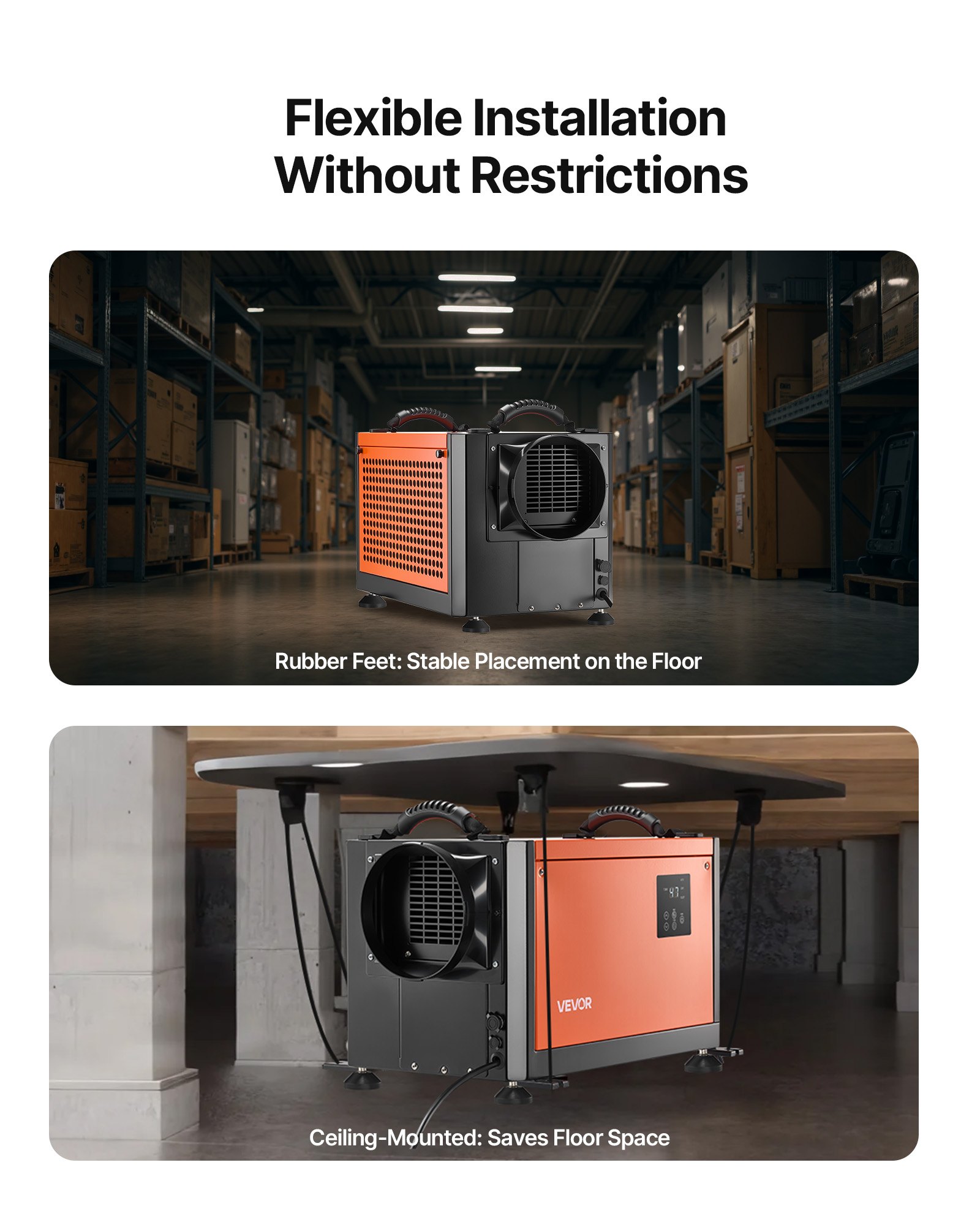 VEVOR 70 Pints Commercial Dehumidifier with Drain Hose, Portable Crawl Space Dehumidifiers for Basement Storage Room Industrial, Auto Defrost/Drainage, Heavy-duty Galvanized Steel, LED Indicate