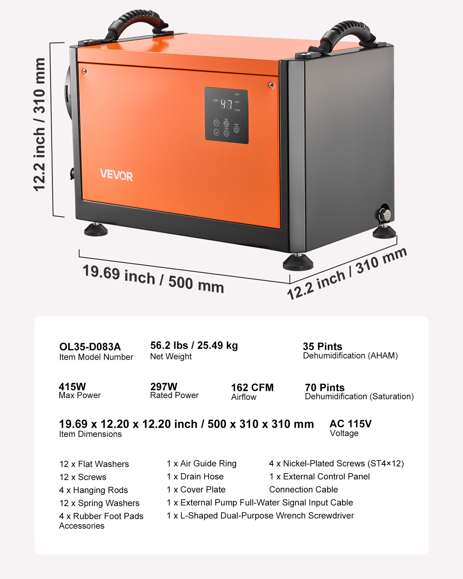 VEVOR 70 Pints Commercial Dehumidifier with Drain Hose, Portable Crawl Space Dehumidifiers for Basement Storage Room Industrial, Auto Defrost/Drainage, Heavy-duty Galvanized Steel, LED Indicate