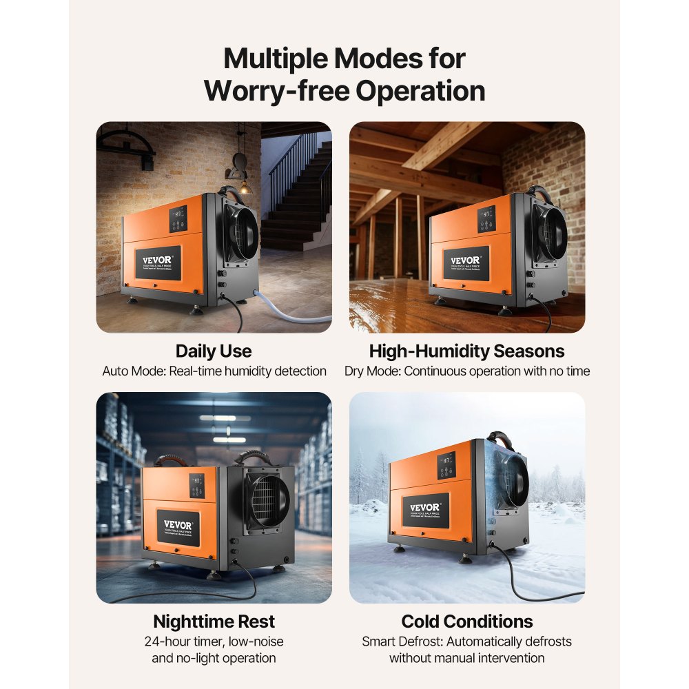 VEVOR 125 Pints Commercial Dehumidifier with Drain Hose, Portable Crawl Space Dehumidifiers for Basement Storage Room Industrial Grade, Auto Defrost/Drainage, Heavy-duty Galvanized Steel, LED Indicate
