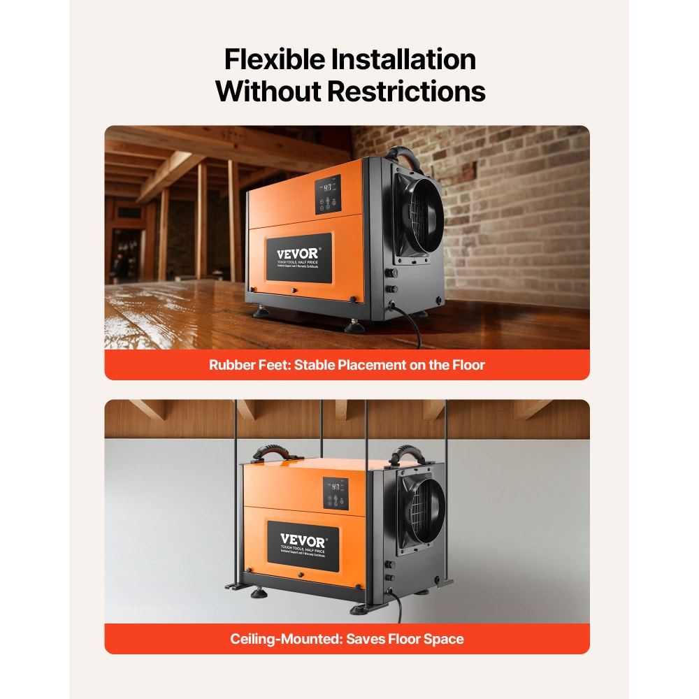 VEVOR 125 Pints Commercial Dehumidifier with Drain Hose, Portable Crawl Space Dehumidifiers for Basement Storage Room Industrial Grade, Auto Defrost/Drainage, Heavy-duty Galvanized Steel, LED Indicate