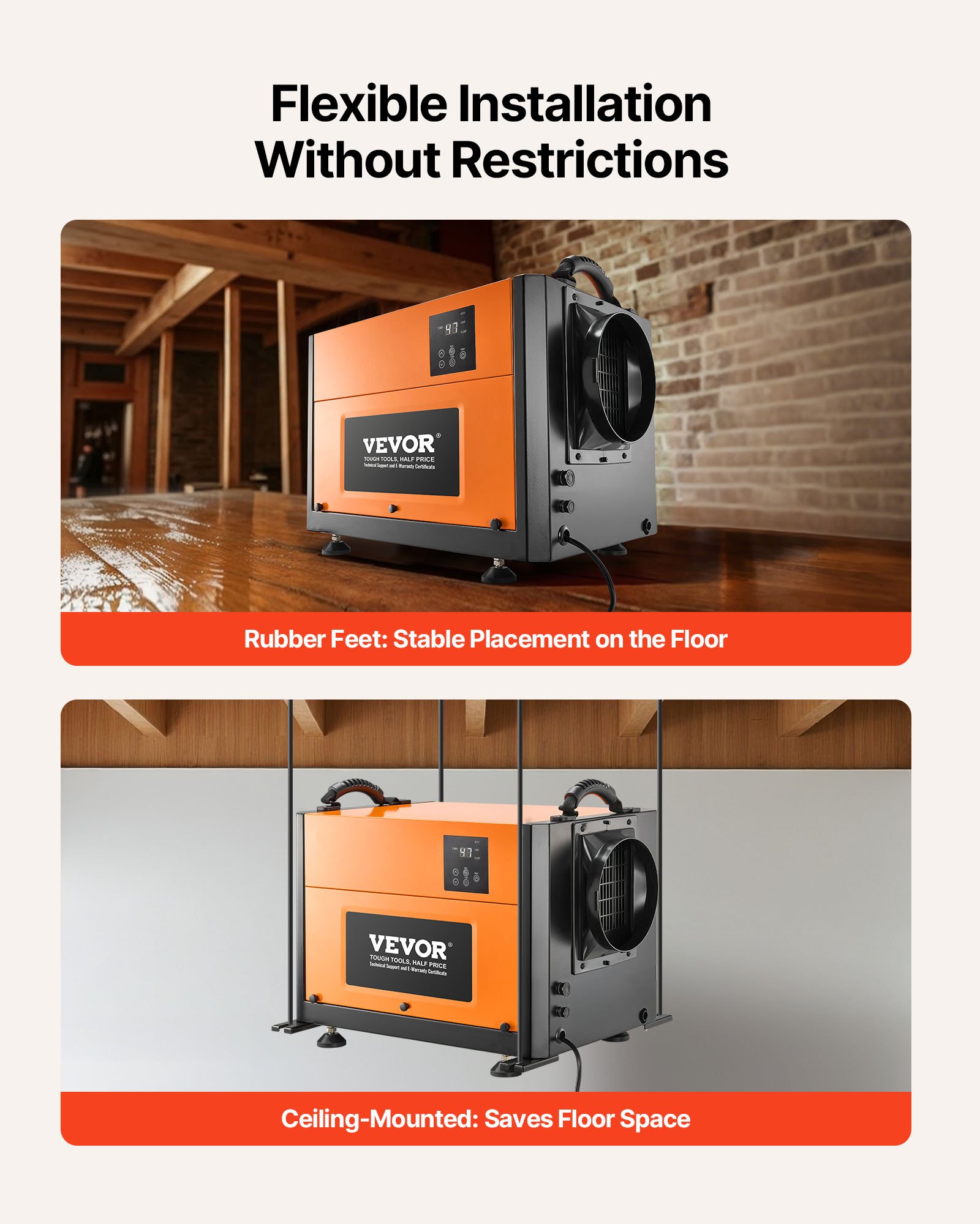 VEVOR 125 Pints Commercial Dehumidifier with Drain Hose, Portable Crawl Space Dehumidifiers for Basement Storage Room Industrial Grade, Auto Defrost/Drainage, Heavy-duty Galvanized Steel, LED Indicate